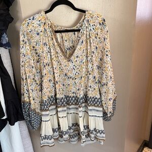 Free People Floral Peasant Tunic in Blue and Cream